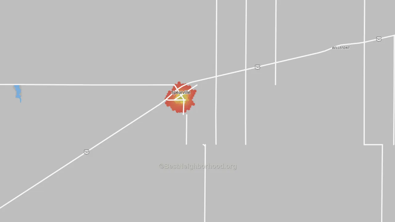 Walk Grade map of 67876, KS, walkable areas in green and car-dependent areas in red