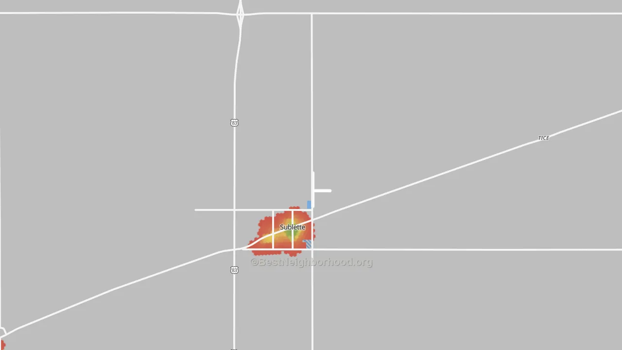Walk Grade map of 67877, KS, walkable areas in green and car-dependent areas in red