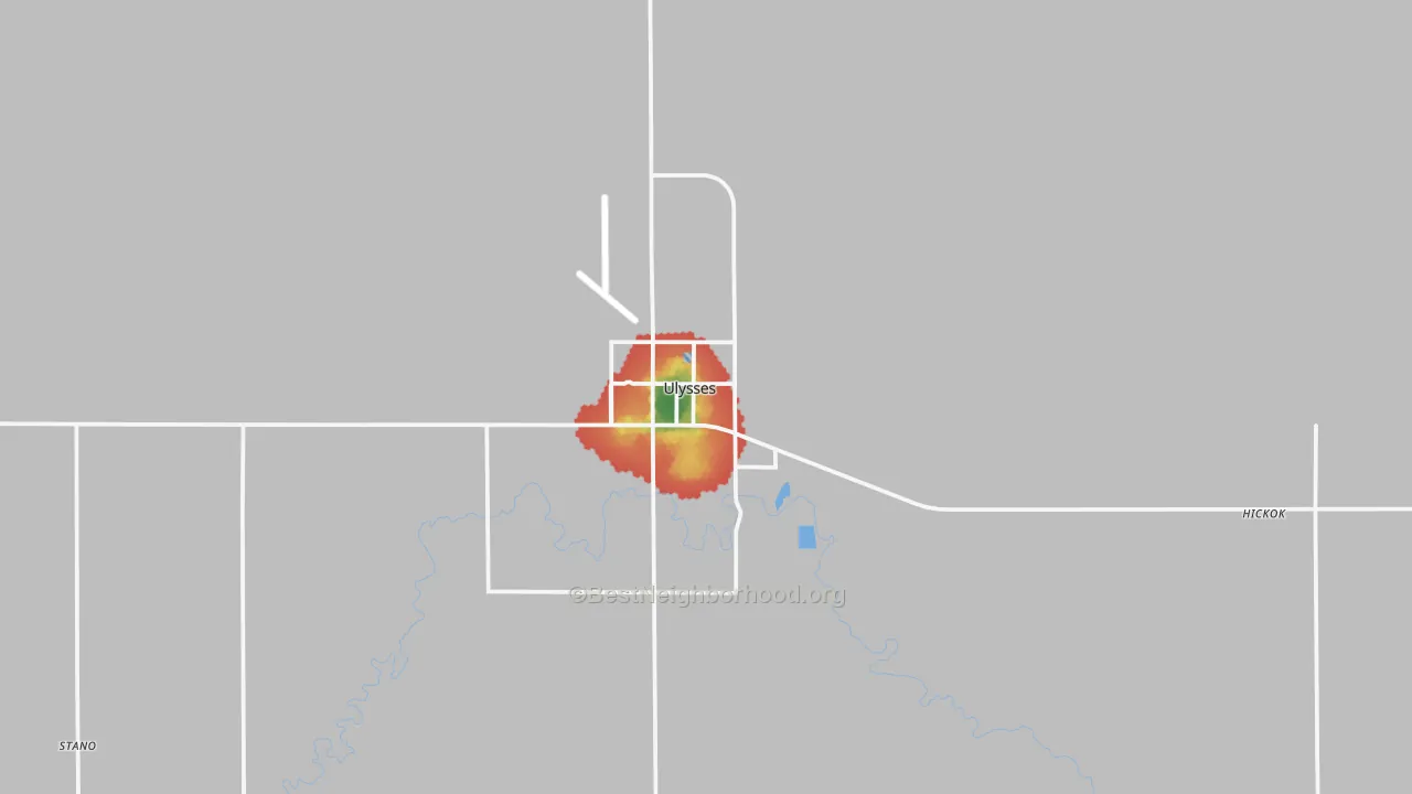 Walk Grade map of 67880, KS, walkable areas in green and car-dependent areas in red