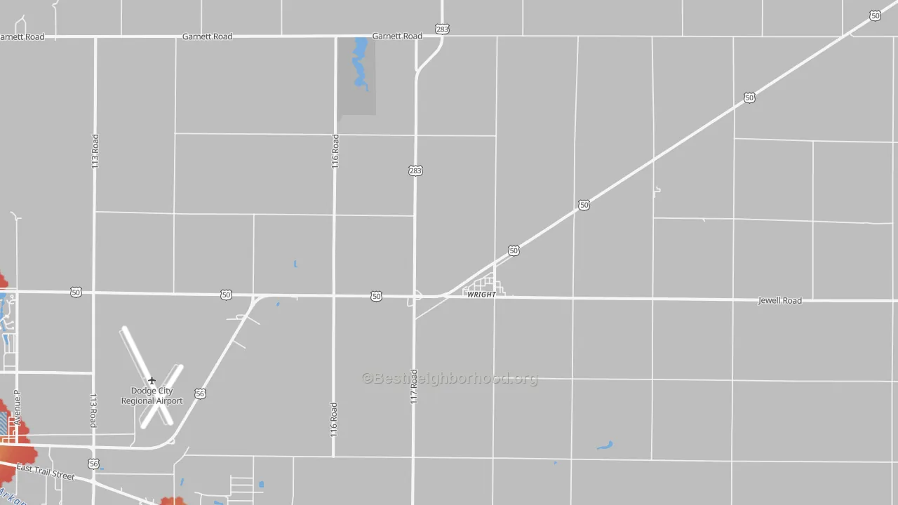 Walk Grade map of 67882, KS, walkable areas in green and car-dependent areas in red