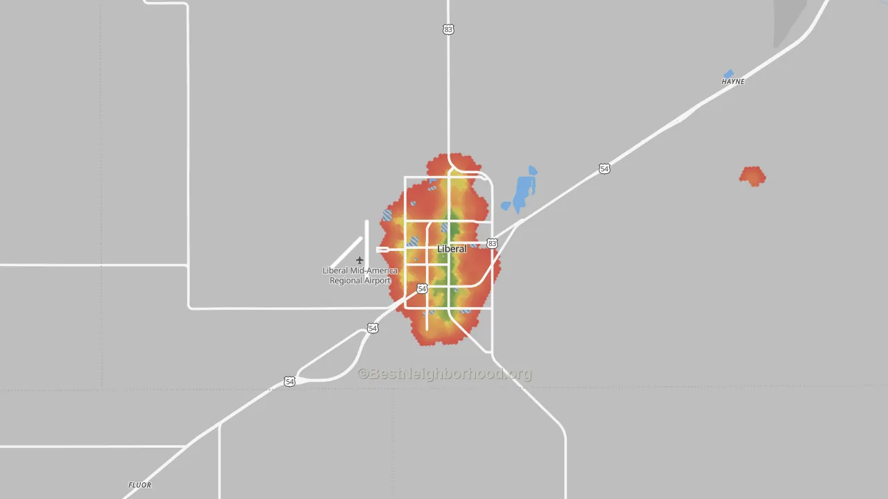 Walk Grade map of 67901, KS, walkable areas in green and car-dependent areas in red