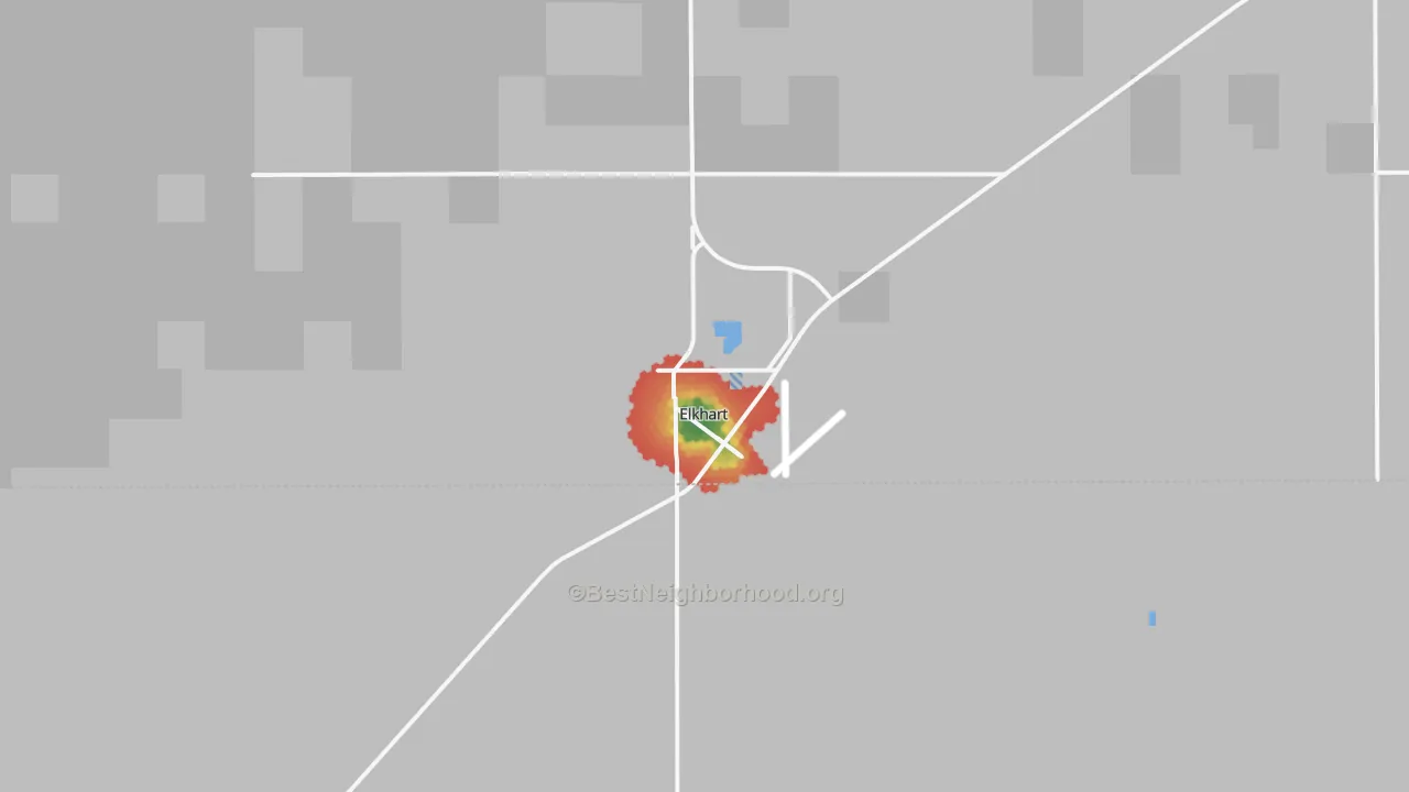 Walk Grade map of 67950, KS, walkable areas in green and car-dependent areas in red