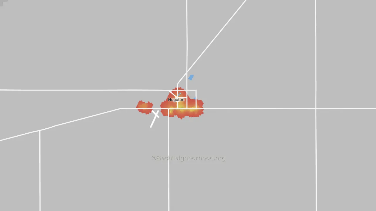 Walk Grade map of 67951, KS, walkable areas in green and car-dependent areas in red