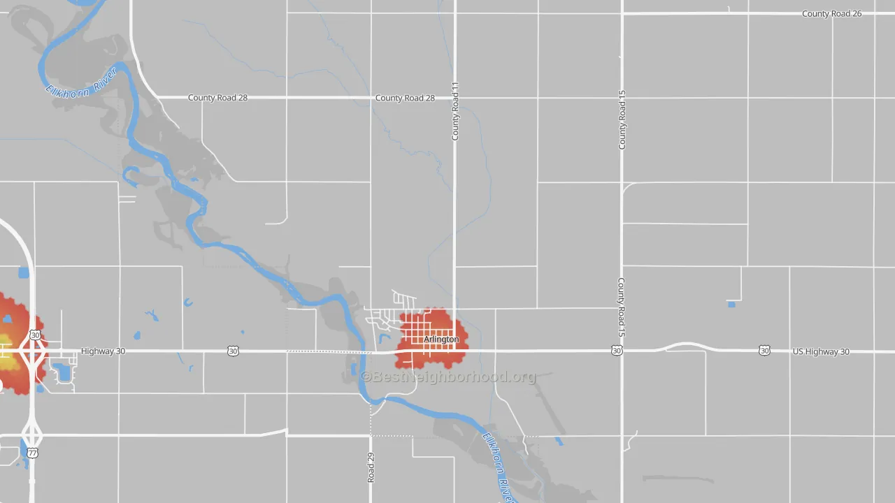 Walk Grade map of 68002, NE, walkable areas in green and car-dependent areas in red