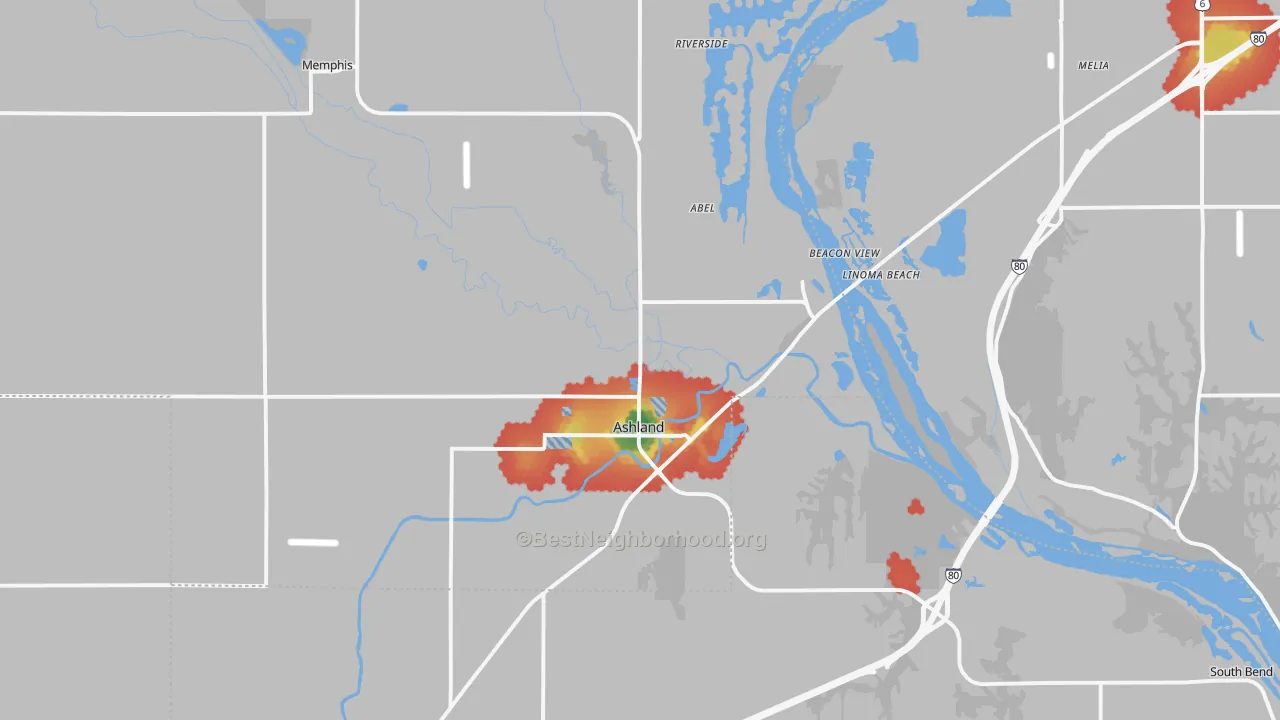 Walk Grade map of 68003, NE, walkable areas in green and car-dependent areas in red