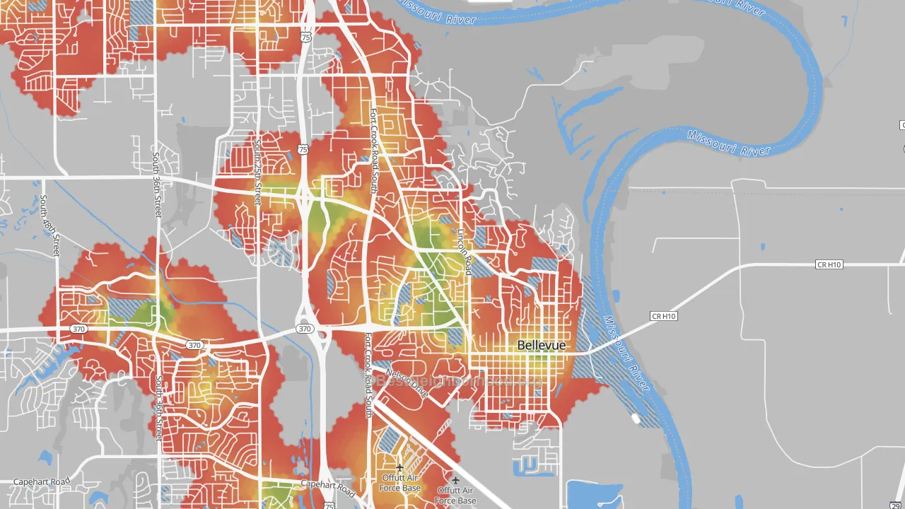 Walk Grade map of 68005, NE, walkable areas in green and car-dependent areas in red