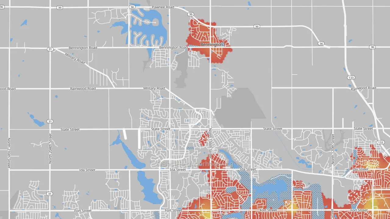Walk Grade map of 68007, NE, walkable areas in green and car-dependent areas in red