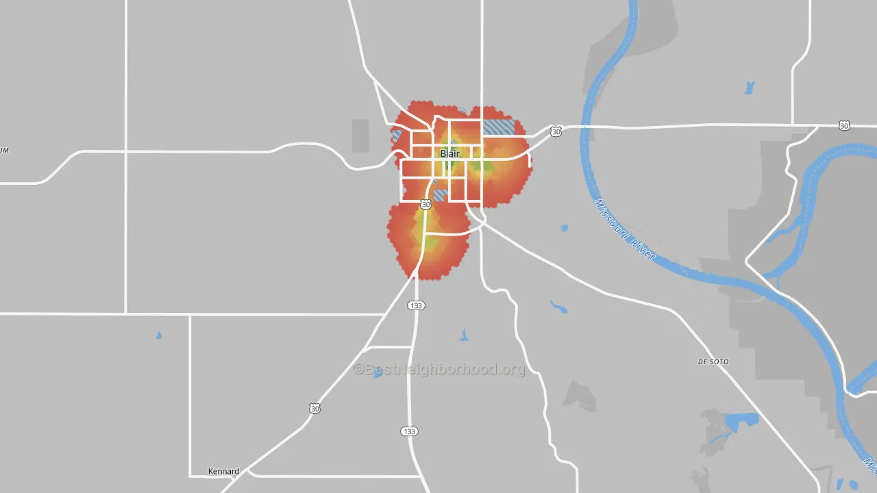 Walk Grade map of 68008, NE, walkable areas in green and car-dependent areas in red