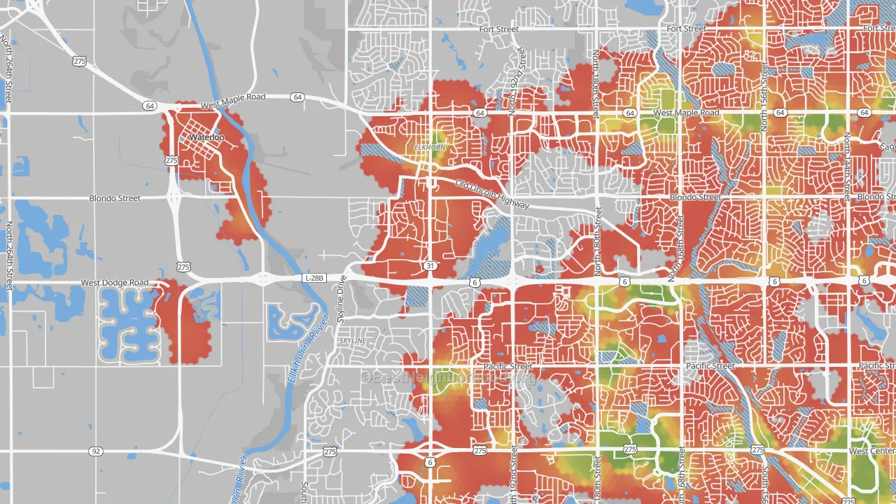 Walk Grade map of 68022, NE, walkable areas in green and car-dependent areas in red