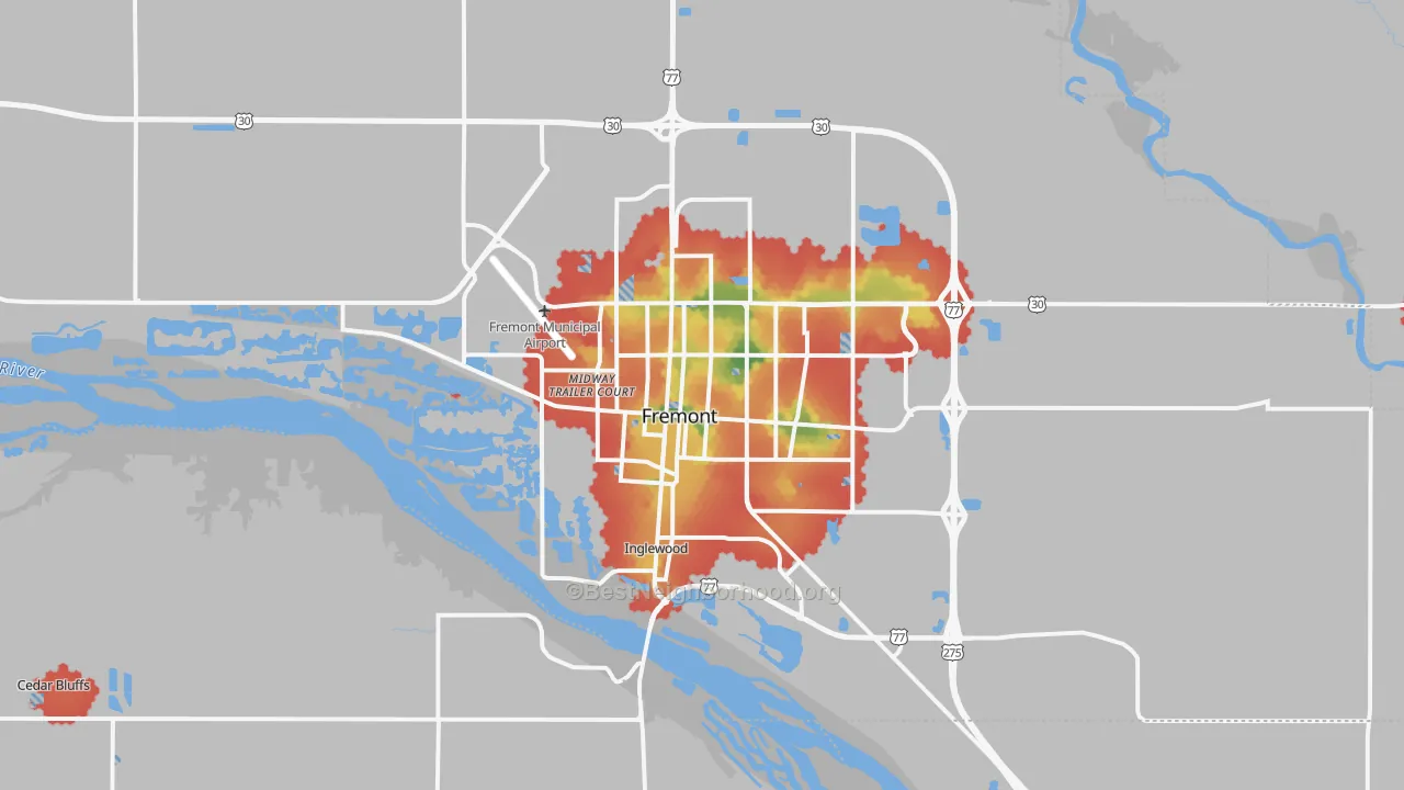 Walk Grade map of 68025, NE, walkable areas in green and car-dependent areas in red