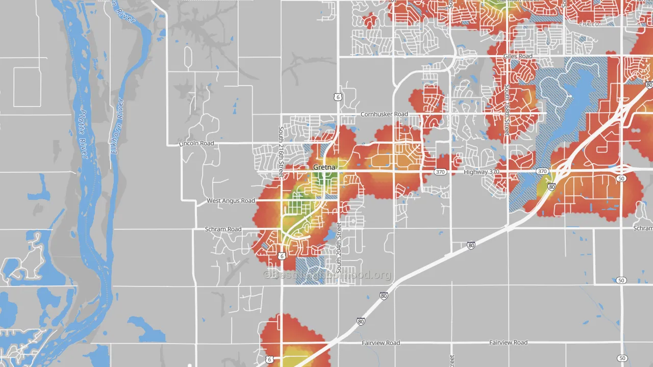 Walk Grade map of 68028, NE, walkable areas in green and car-dependent areas in red