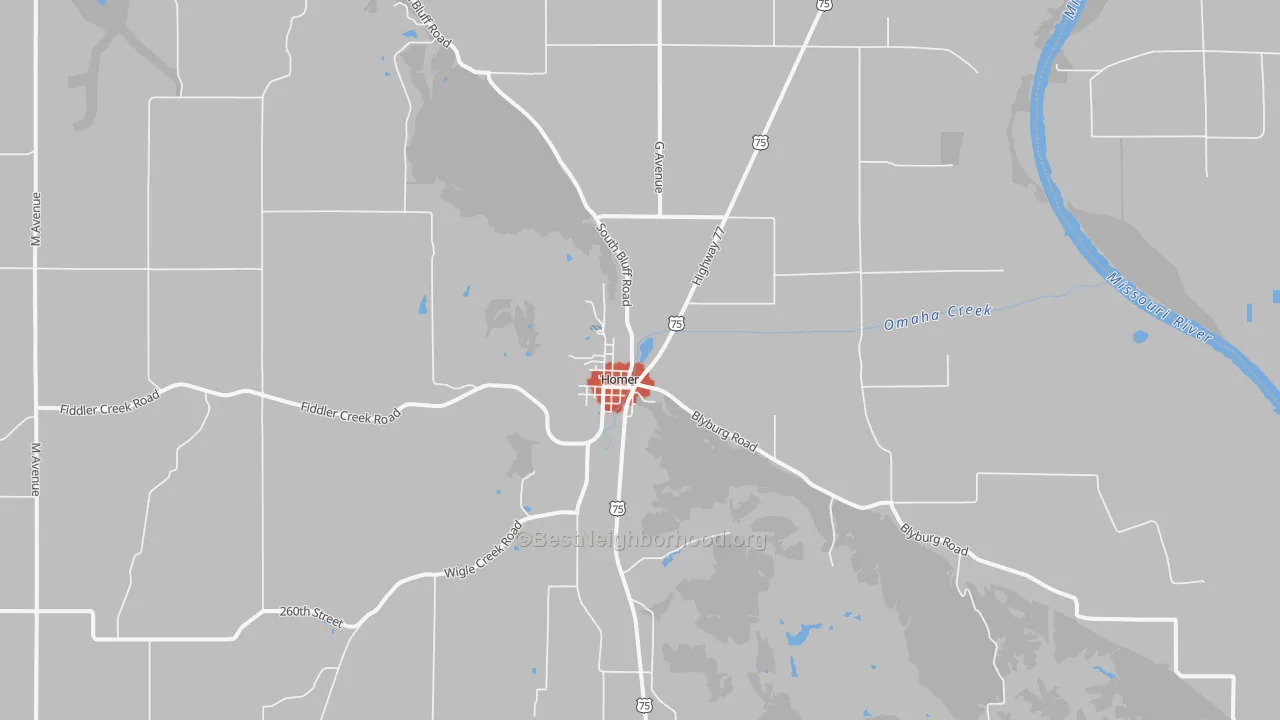 Walk Grade map of 68030, NE, walkable areas in green and car-dependent areas in red