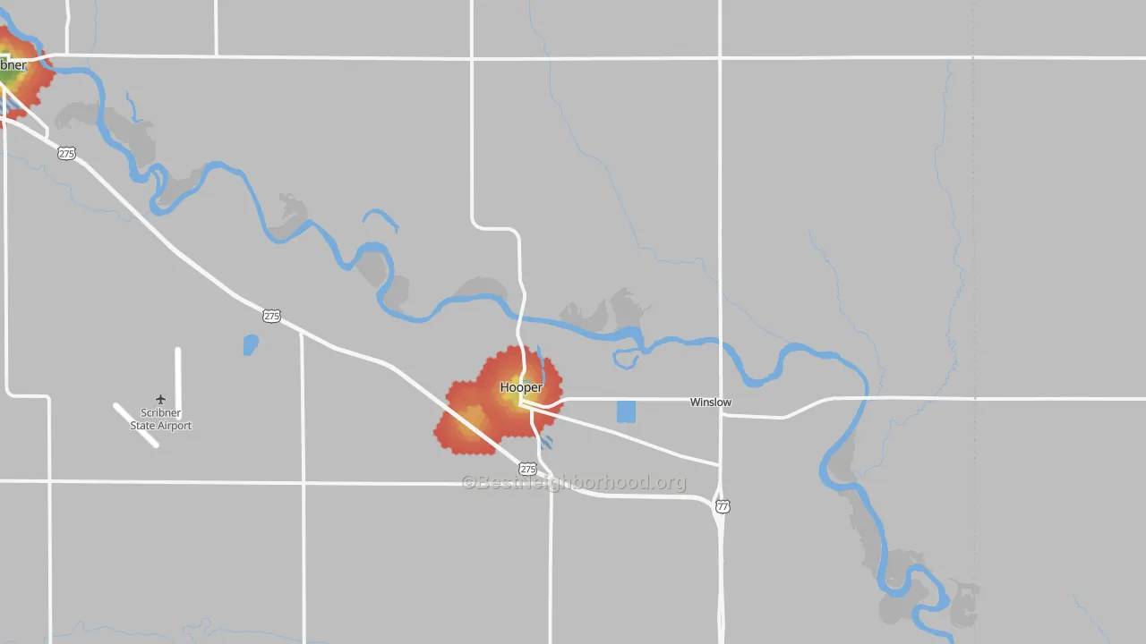 Walk Grade map of 68031, NE, walkable areas in green and car-dependent areas in red