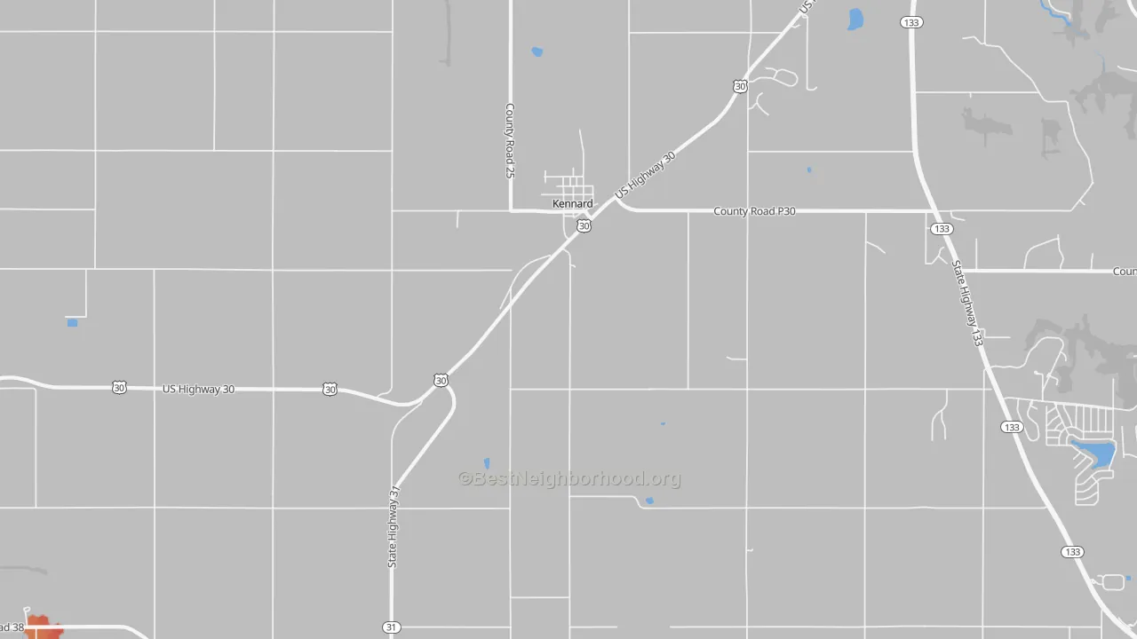 Walk Grade map of 68034, NE, walkable areas in green and car-dependent areas in red