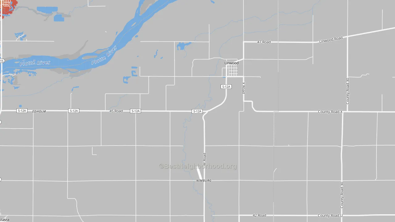Walk Grade map of 68036, NE, walkable areas in green and car-dependent areas in red