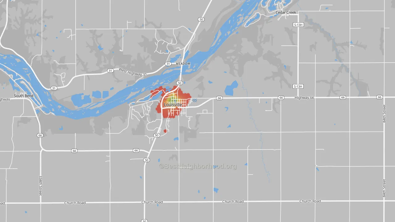 Walk Grade map of 68037, NE, walkable areas in green and car-dependent areas in red