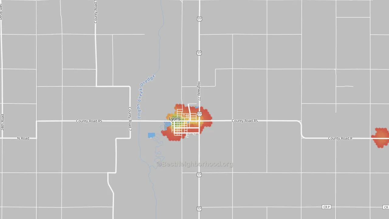 Walk Grade map of 68038, NE, walkable areas in green and car-dependent areas in red