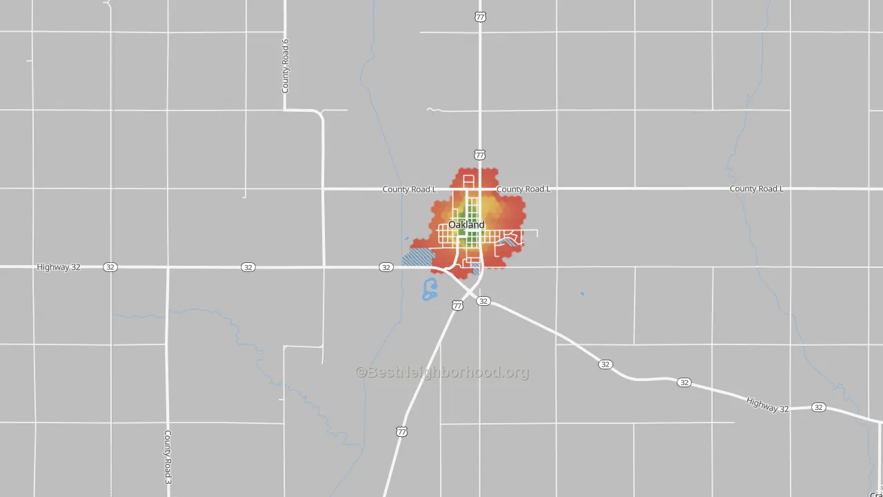 Walk Grade map of 68045, NE, walkable areas in green and car-dependent areas in red