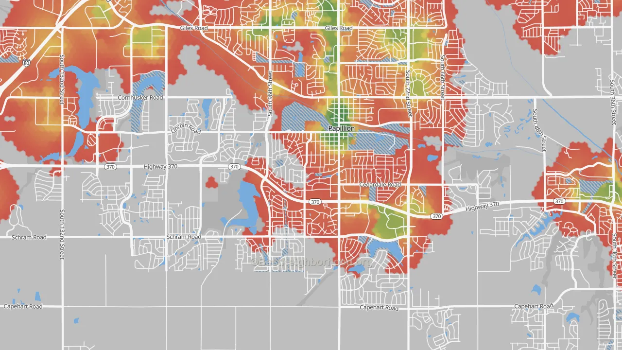 Walk Grade map of 68046, NE, walkable areas in green and car-dependent areas in red