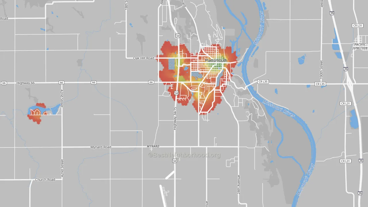 Walk Grade map of 68048, NE, walkable areas in green and car-dependent areas in red