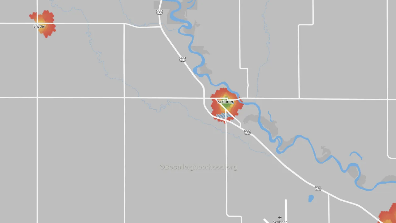 Walk Grade map of 68057, NE, walkable areas in green and car-dependent areas in red