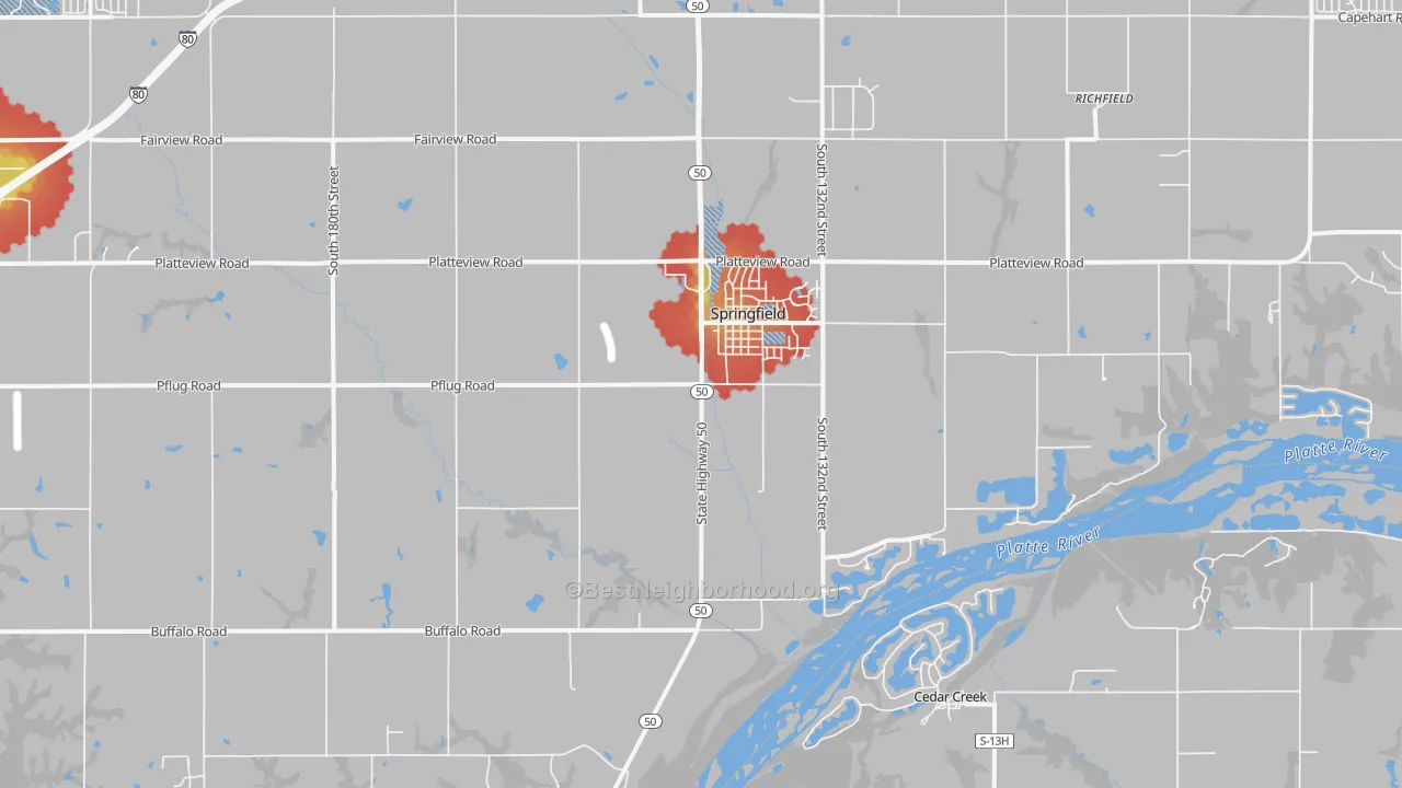 Walk Grade map of 68059, NE, walkable areas in green and car-dependent areas in red
