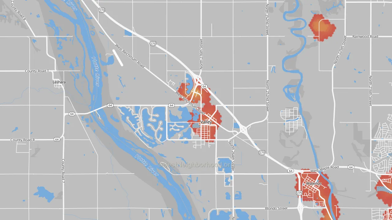 Walk Grade map of 68064, NE, walkable areas in green and car-dependent areas in red