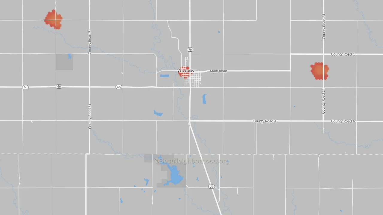 Walk Grade map of 68065, NE, walkable areas in green and car-dependent areas in red