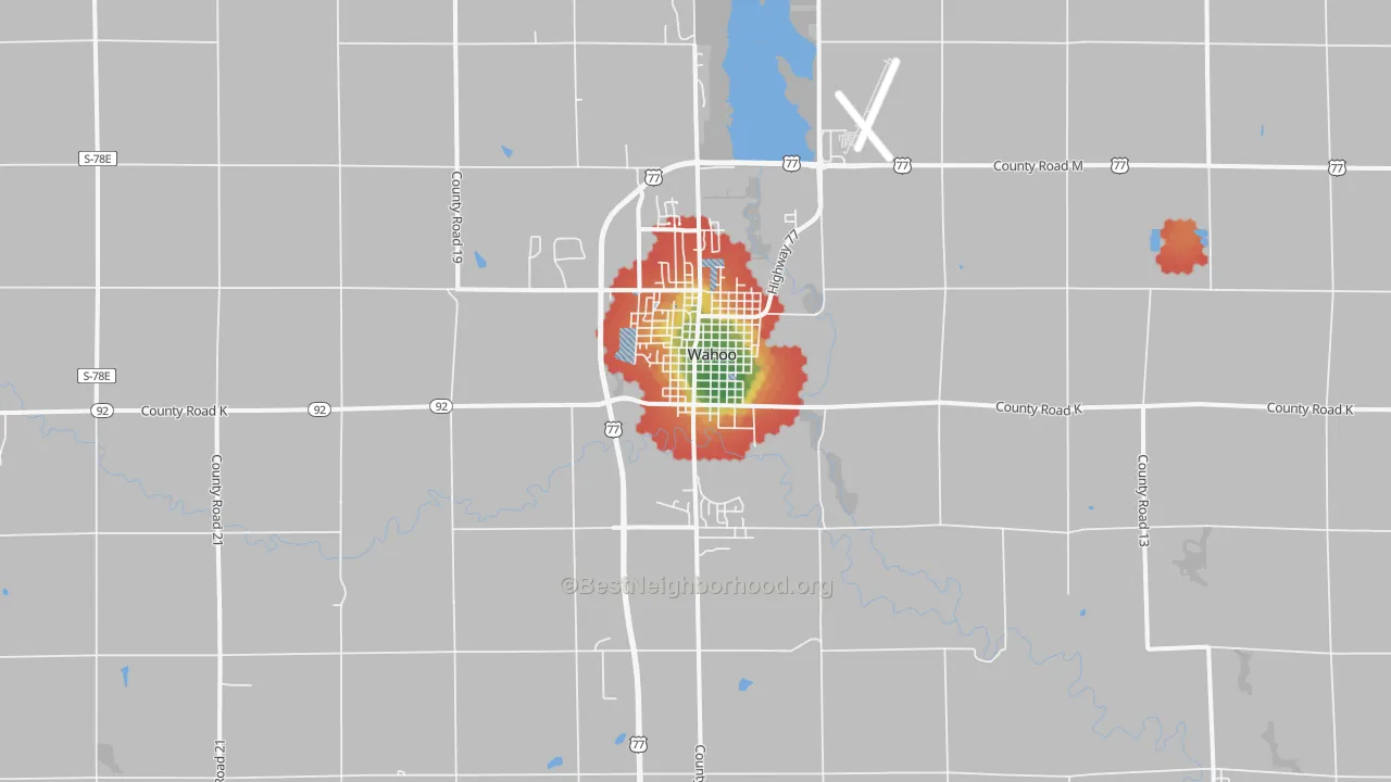Walk Grade map of 68066, NE, walkable areas in green and car-dependent areas in red