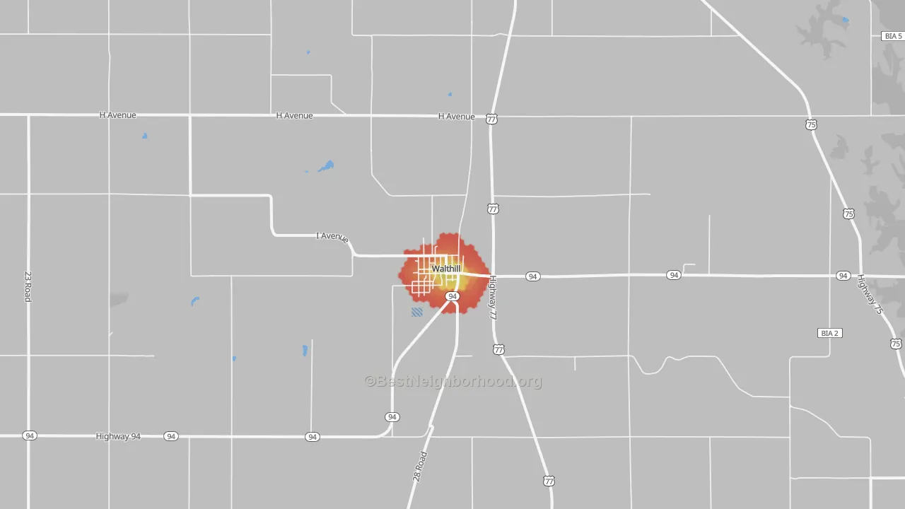 Walk Grade map of 68067, NE, walkable areas in green and car-dependent areas in red