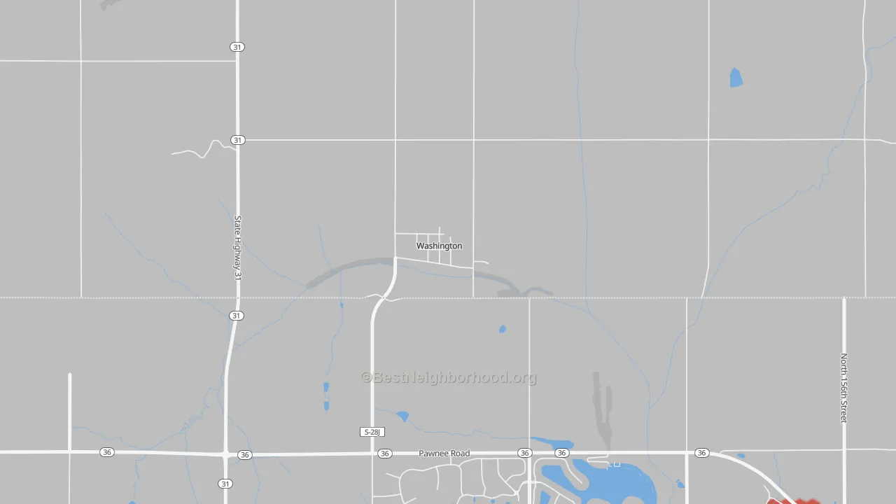 Walk Grade map of 68068, NE, walkable areas in green and car-dependent areas in red