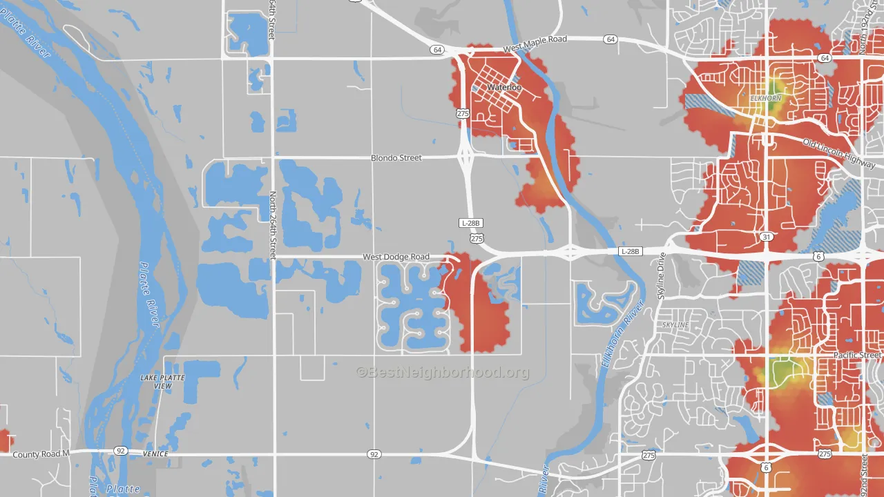 Walk Grade map of 68069, NE, walkable areas in green and car-dependent areas in red
