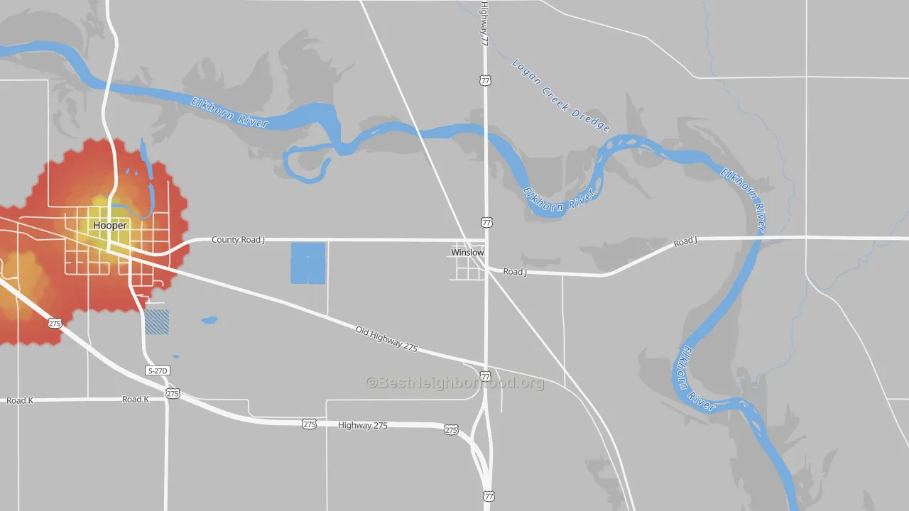 Walk Grade map of 68072, NE, walkable areas in green and car-dependent areas in red