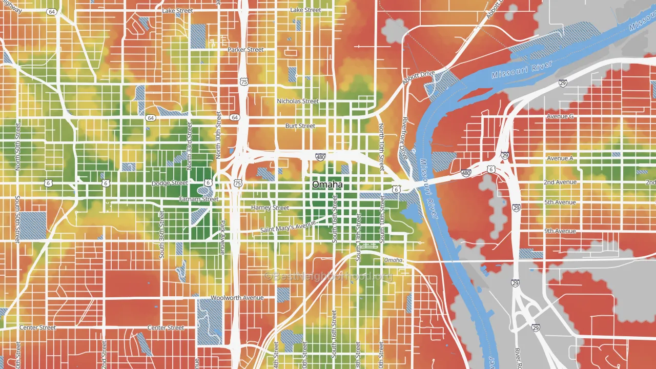 Walk Grade map of 68102, NE, walkable areas in green and car-dependent areas in red
