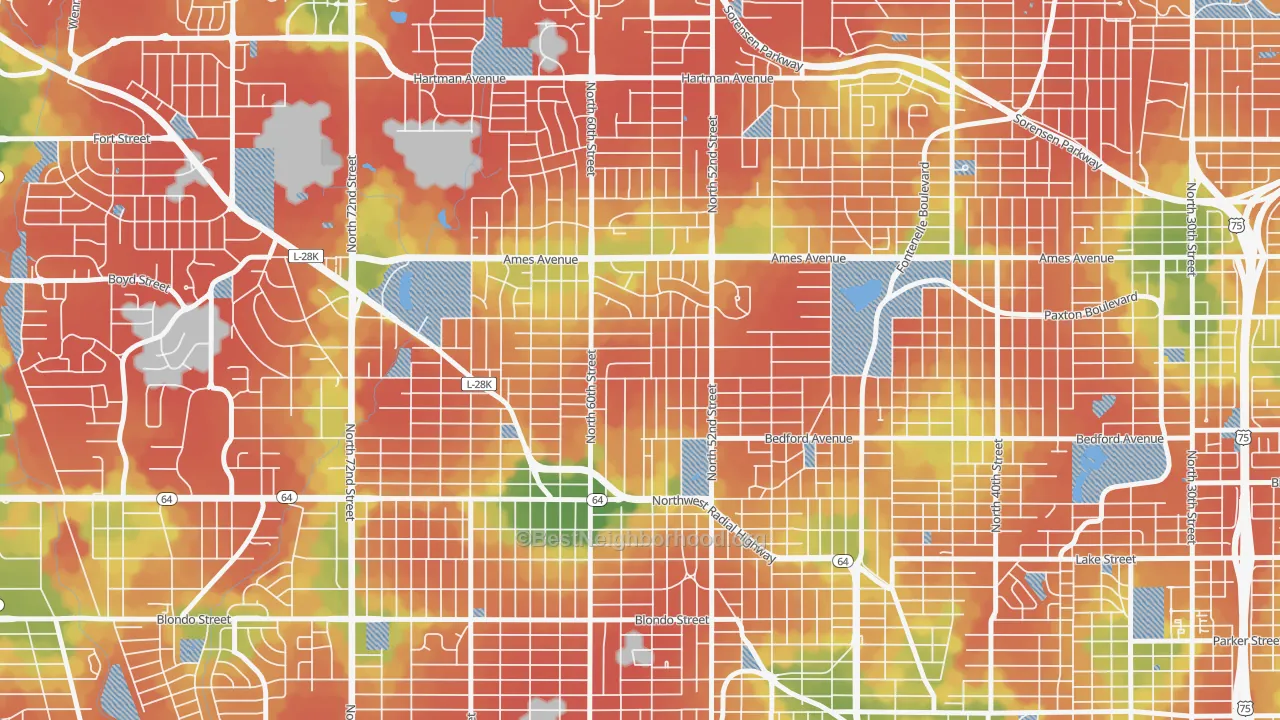 Walk Grade map of 68104, NE, walkable areas in green and car-dependent areas in red