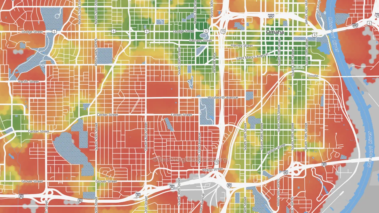 Walk Grade map of 68105, NE, walkable areas in green and car-dependent areas in red