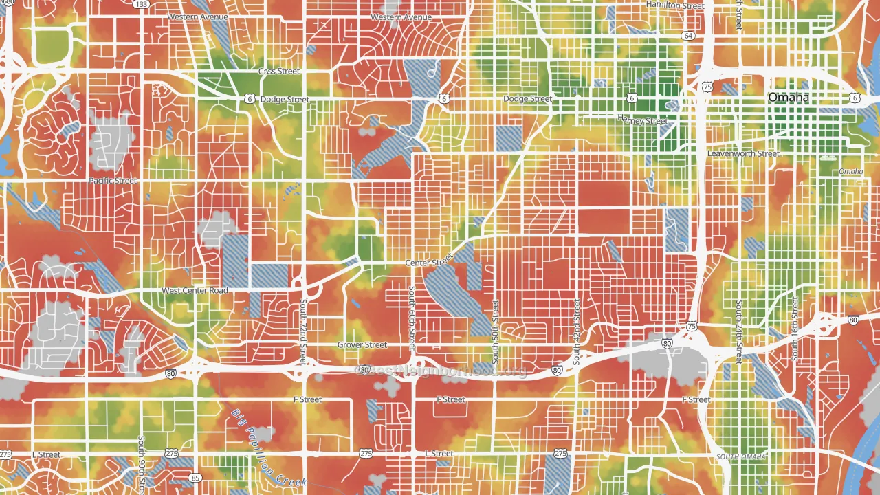 Walk Grade map of 68106, NE, walkable areas in green and car-dependent areas in red