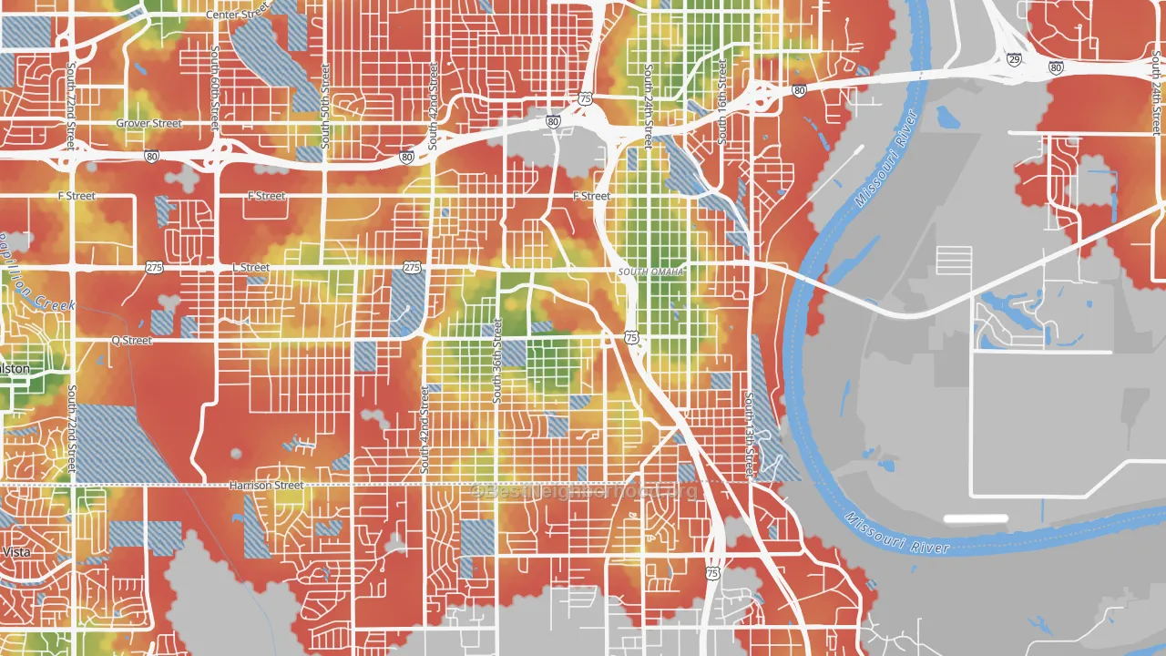Walk Grade map of 68107, NE, walkable areas in green and car-dependent areas in red