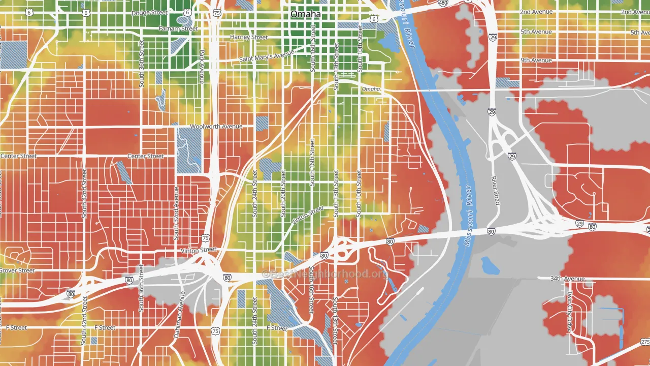 Walk Grade map of 68108, NE, walkable areas in green and car-dependent areas in red