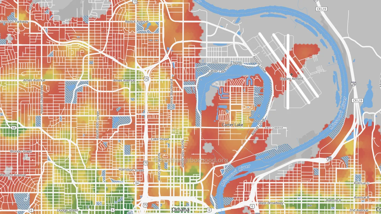 Walk Grade map of 68110, NE, walkable areas in green and car-dependent areas in red