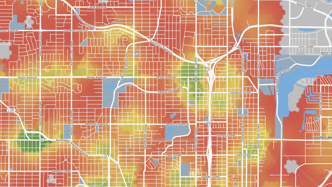 Walk Grade map of 68111, NE, walkable areas in green and car-dependent areas in red