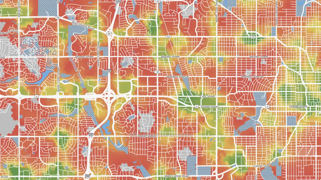 Walk Grade map of 68114, NE, walkable areas in green and car-dependent areas in red