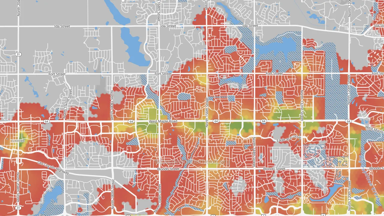 Walk Grade map of 68116, NE, walkable areas in green and car-dependent areas in red
