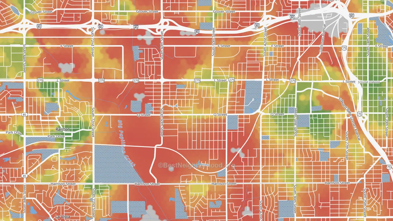 Walk Grade map of 68117, NE, walkable areas in green and car-dependent areas in red