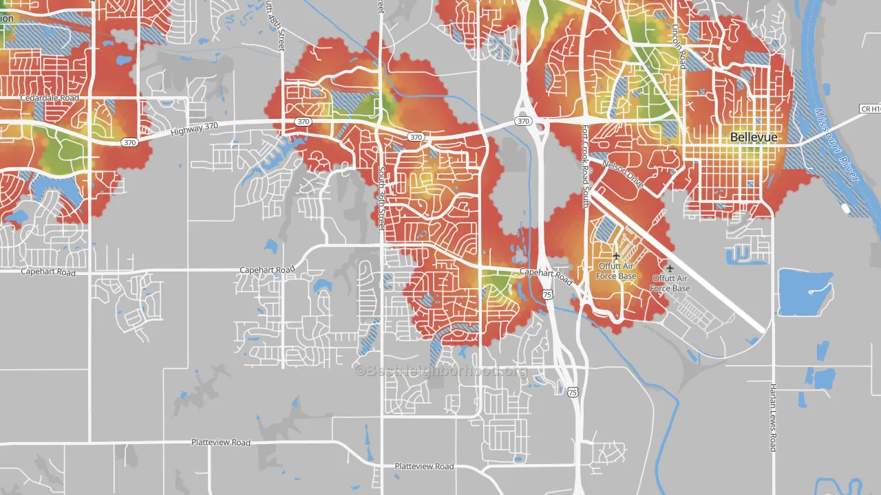 Walk Grade map of 68123, NE, walkable areas in green and car-dependent areas in red