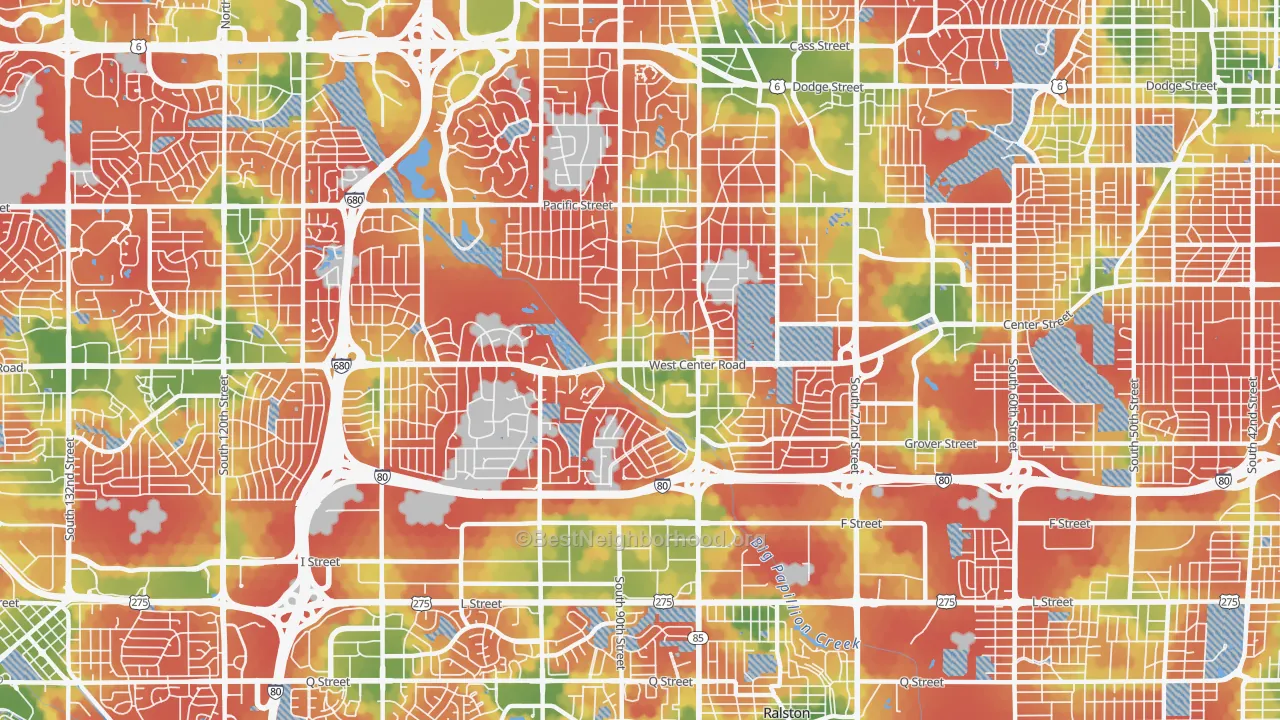 Walk Grade map of 68124, NE, walkable areas in green and car-dependent areas in red