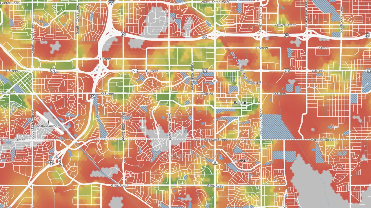 Walk Grade map of 68127, NE, walkable areas in green and car-dependent areas in red