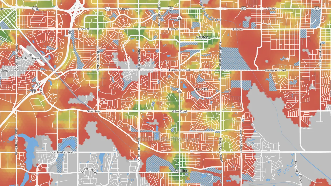Walk Grade map of 68128, NE, walkable areas in green and car-dependent areas in red
