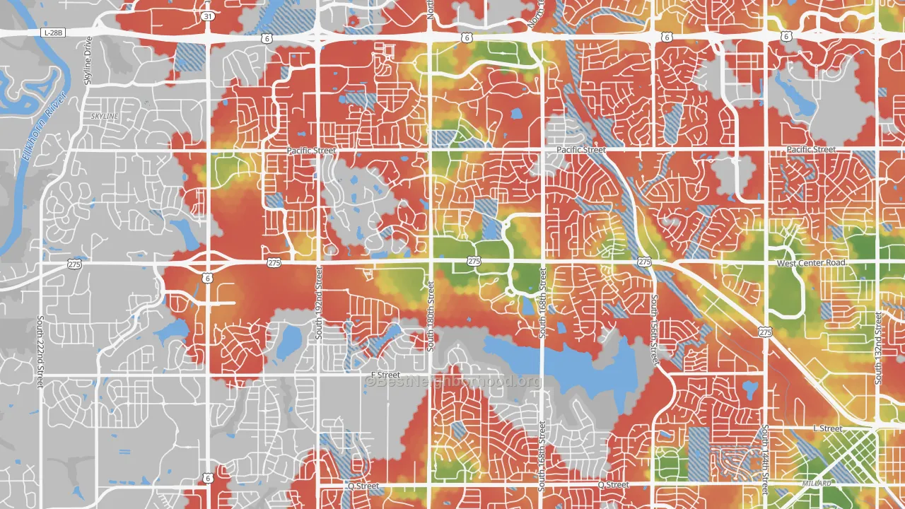 Walk Grade map of 68130, NE, walkable areas in green and car-dependent areas in red