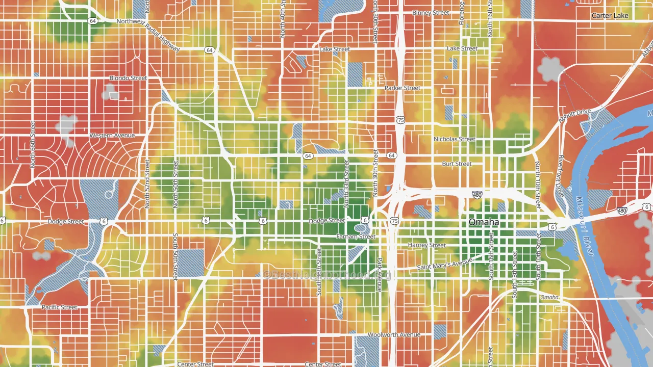 Walk Grade map of 68131, NE, walkable areas in green and car-dependent areas in red